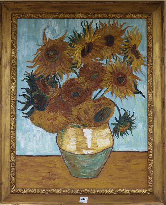 After Van Gogh, oil on canvas, Sunflowers, 90 x 69cm